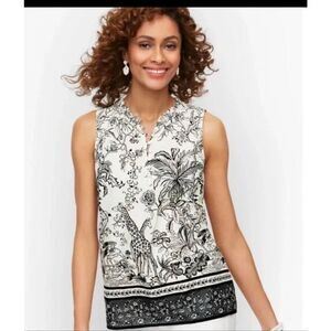 Talbots Large Ruffle Trim Jungle Friends animals giraffes sleeveless blouse
